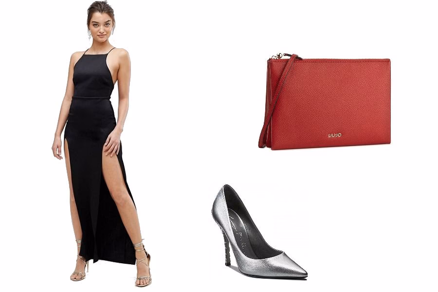 Jakie dodatki do czarnej sukienki i srebrnych butów?